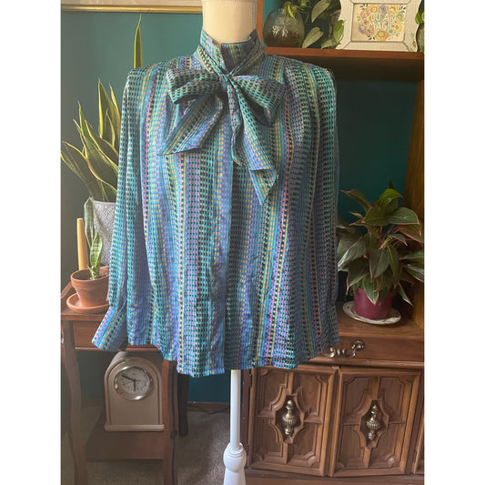 VTG Librarian Blouse Colorful Button Up Blouse Womens Size 10P Bow Neck Corpcore