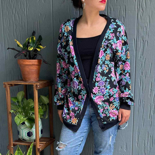 Cardigan Colorful Floral Granny with Should Pads Medium