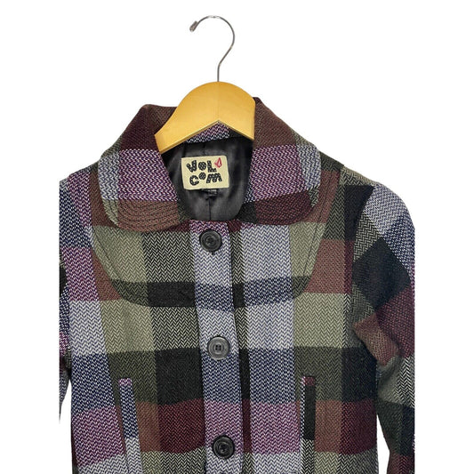 VOLCOM Purple Plaid Peplum Pea Coat Jacket Extra Small Wool Blend Twilight Bella