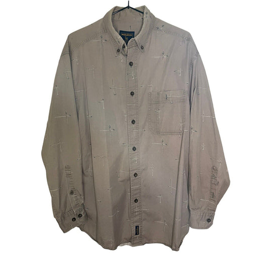 VTG Long-Sleeve Button Up Shirt Woolrich Mens Fly Fishing Print Outdoor Cotton