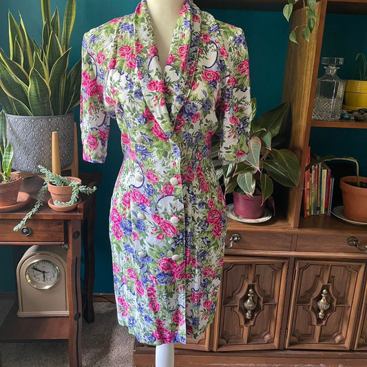 Vintage Floral Dress Medium Knapp Studio Midi Cottagcore 80s Colorful Fit/Flare