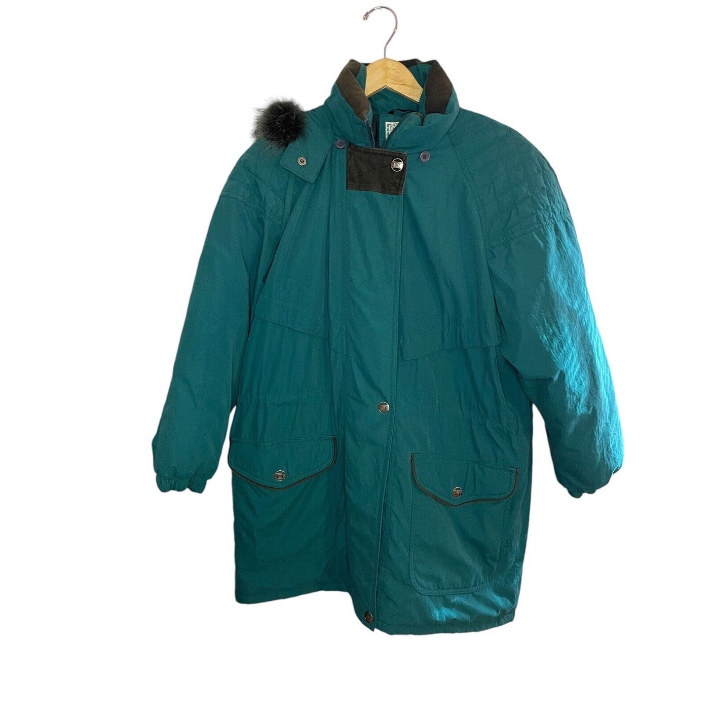 Vintage Teal Down Coat Medium Long Hooded 80s Thick Warm Retro Winter Solid