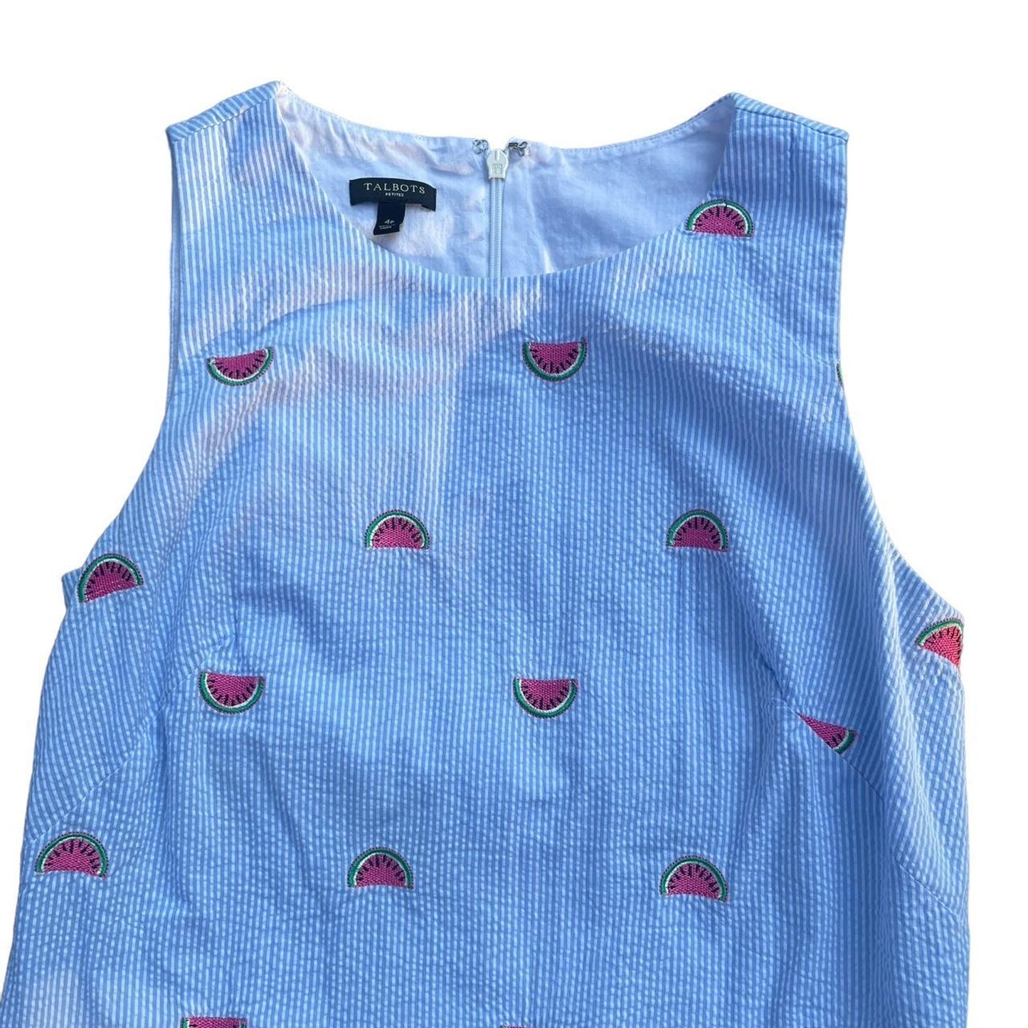 Talbots Mini Embroidered Watermelon Seersucker Shift Summer Dress 4P