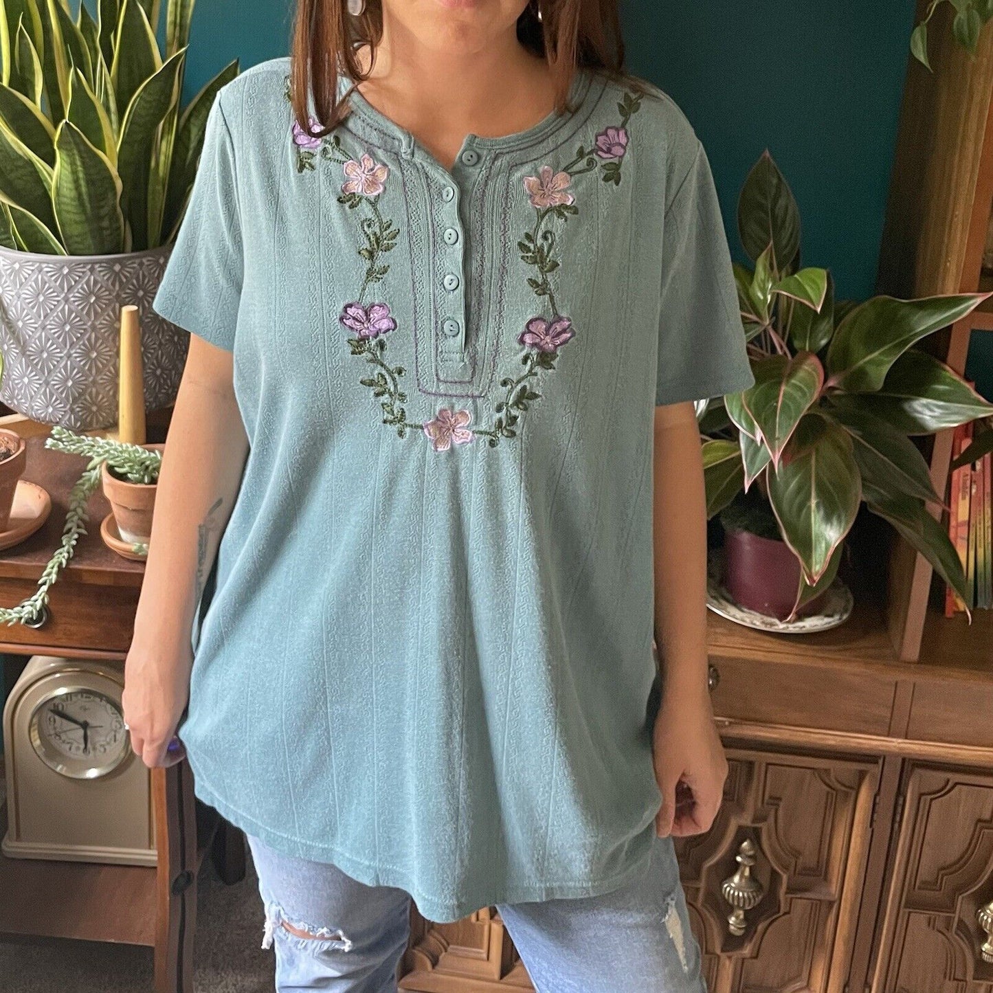 Grannycore Short-Sleeve Cotton Shirt L Floral Embroidery Only Necessities Basics