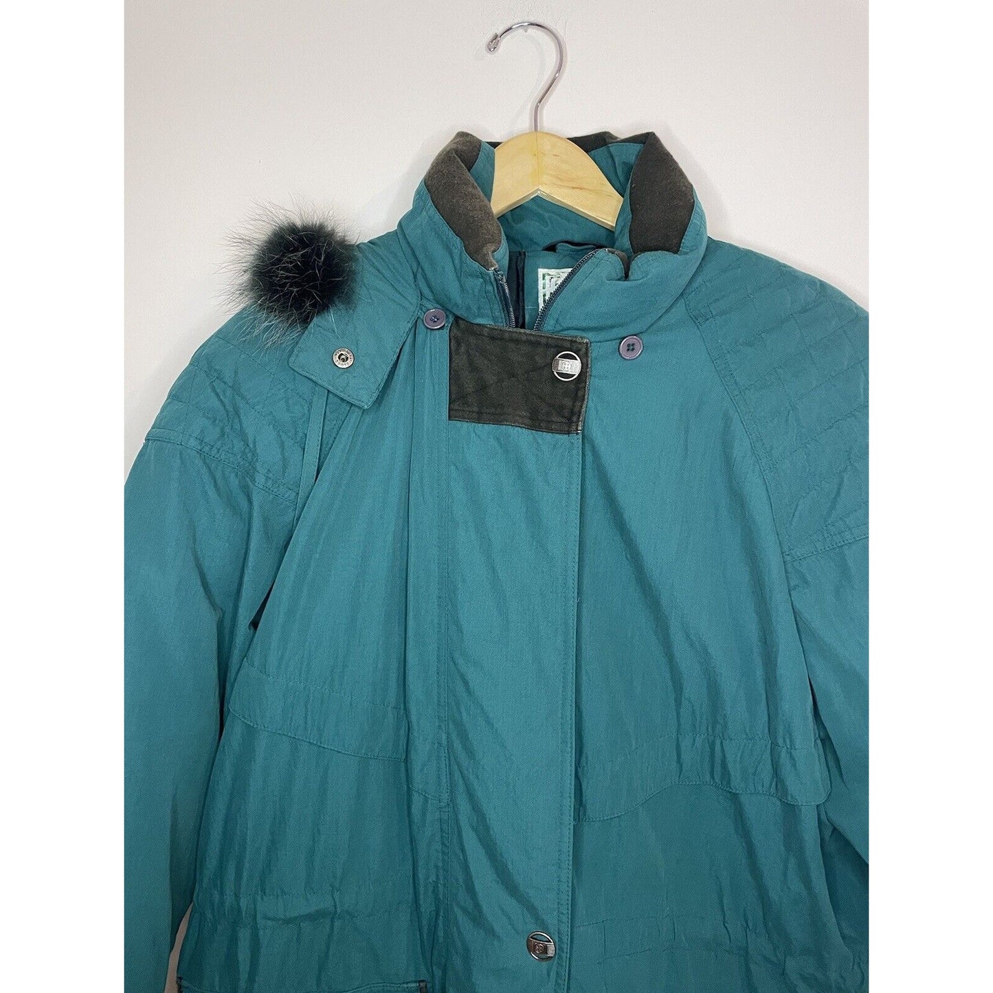 Vintage Teal Down Coat Medium Long Hooded 80s Thick Warm Retro Winter Solid