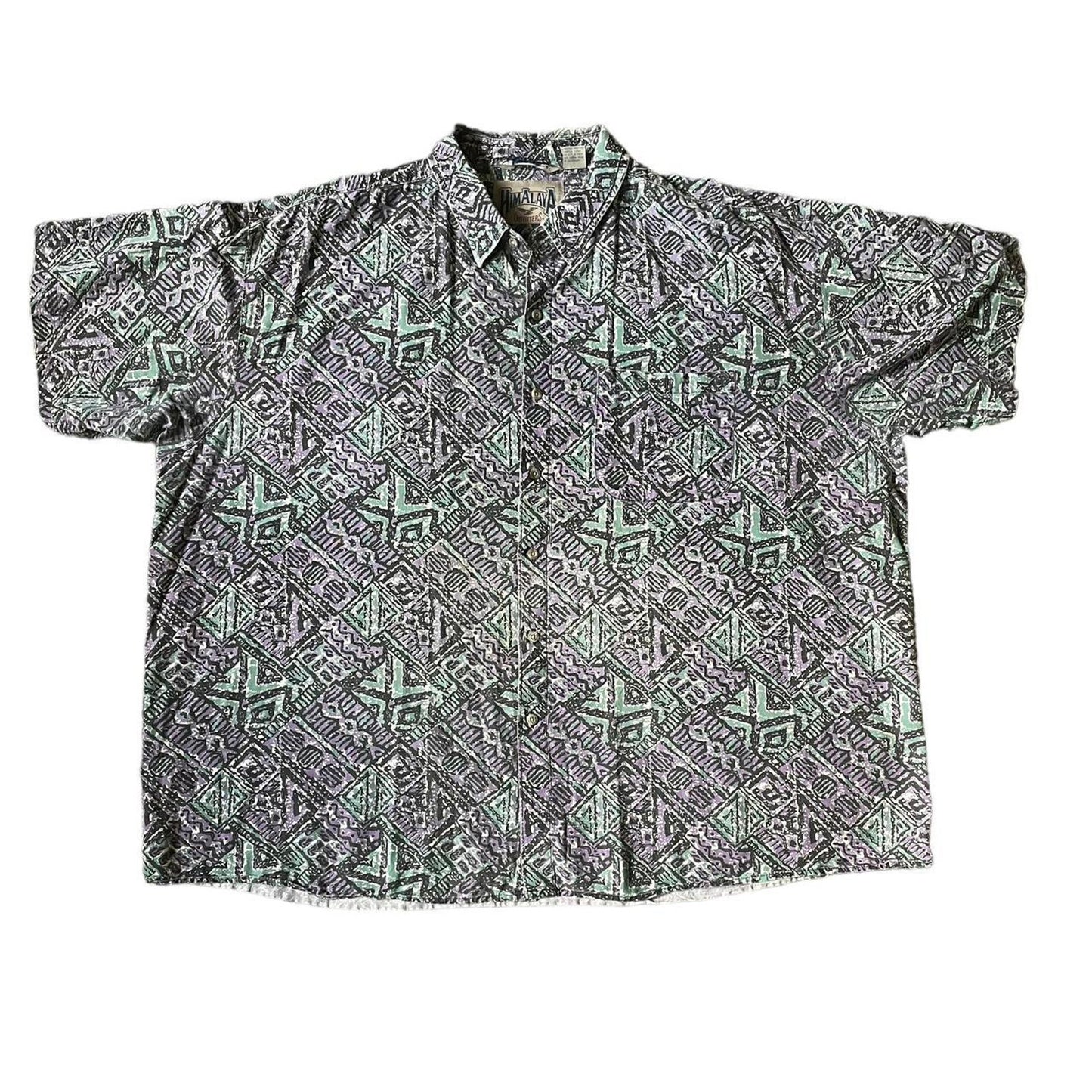 Plus Size Mens Button Up 3X Short-sleeve Natural Fibers Geometric Retro Print