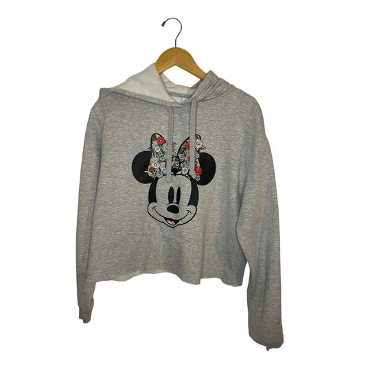 Disney Minnie Mouse Cut Off Hoodie Women's XL Embroidery Floral Grey Cartoon