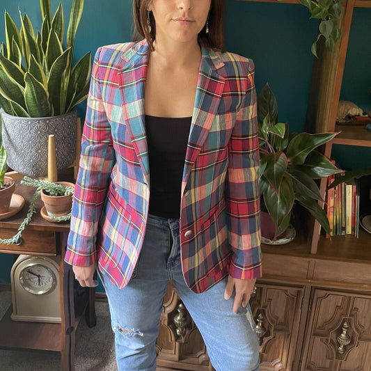 Vintage Union Made Colorful Plaid Blazer Women's Small Classic Office Preppy