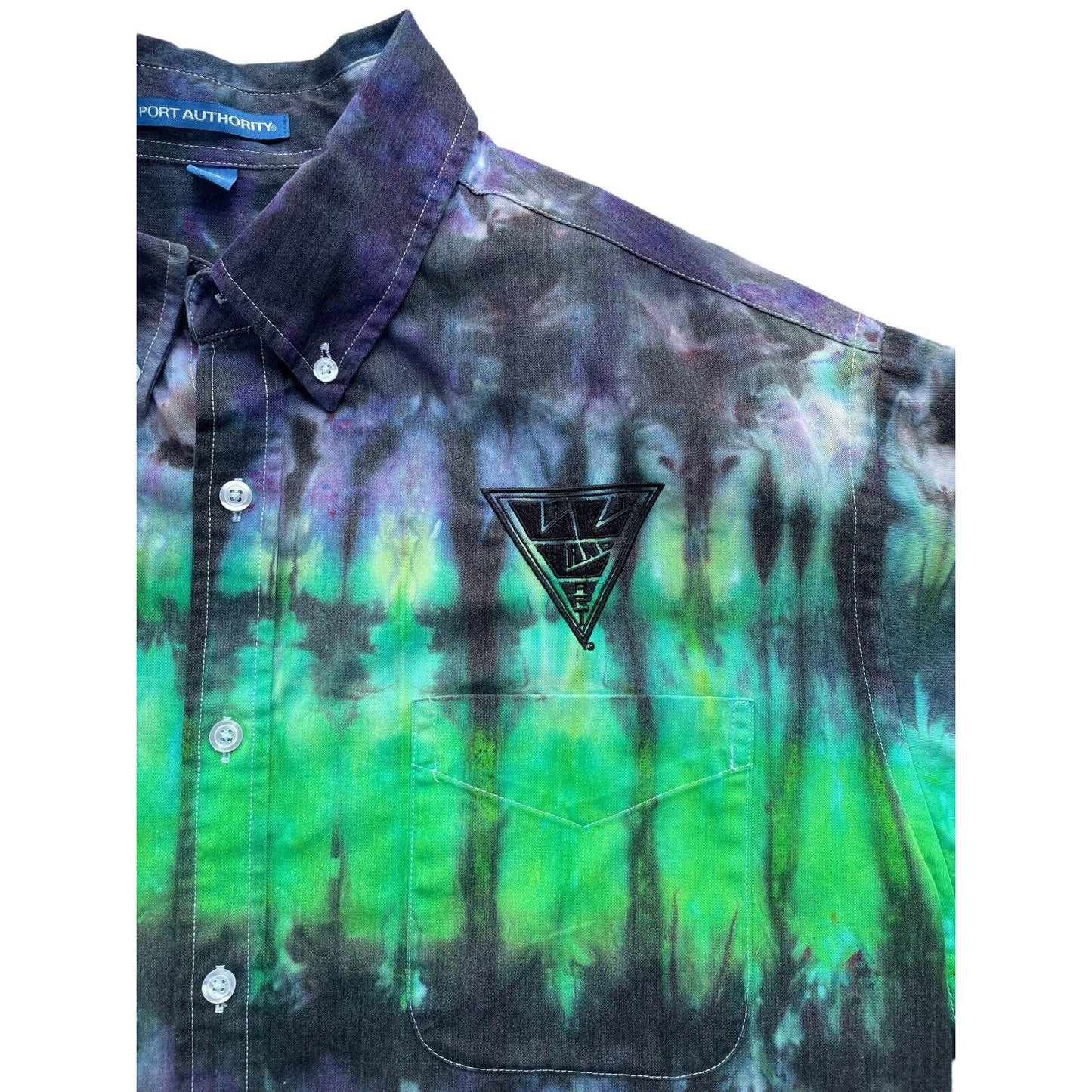 Port Authority Tie Dye Men's Short Sleeve Button Up Shirt Green Purple Hippie XL