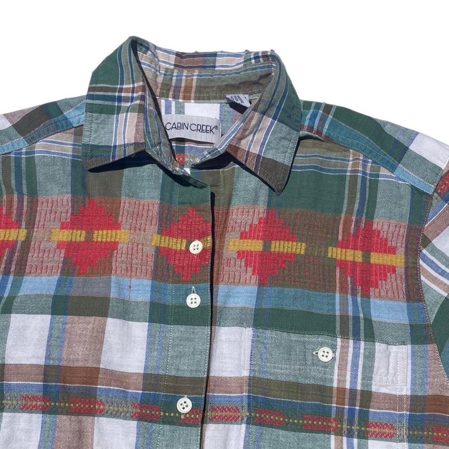 Cabin Creek Plaid Aztec Woven Short Sleeve Button Up