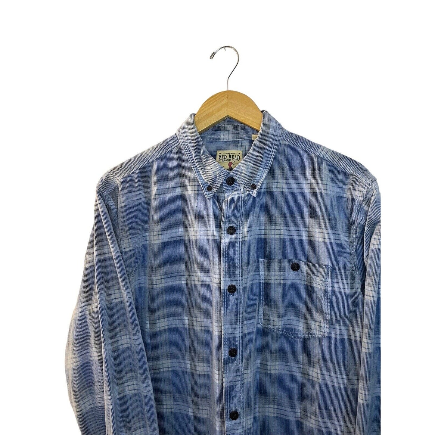 RedHead Mens Button Up L Plaid Corduroy Blue Shirt Classic Normcore Basic Cotton