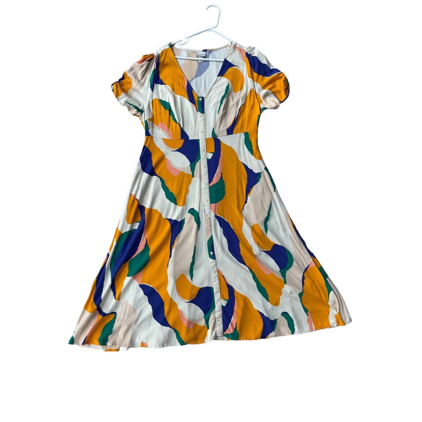 Ava & Viv XXL Abstract Colorful Button Down Midi Short Sleeve Dress ChicVneck