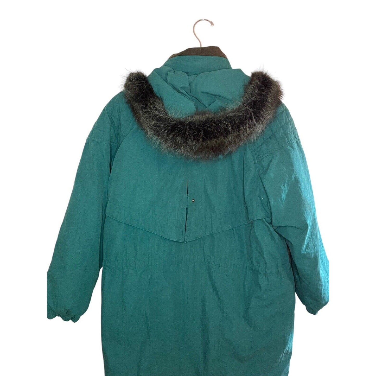 Vintage Teal Down Coat Medium Long Hooded 80s Thick Warm Retro Winter Solid