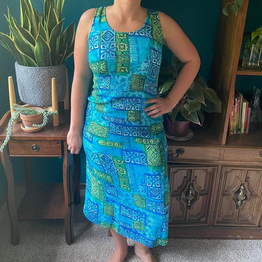 Maxi Tank Top Dress Medium Colorful Blue/Green Tropical Aztec Geometric Vintage