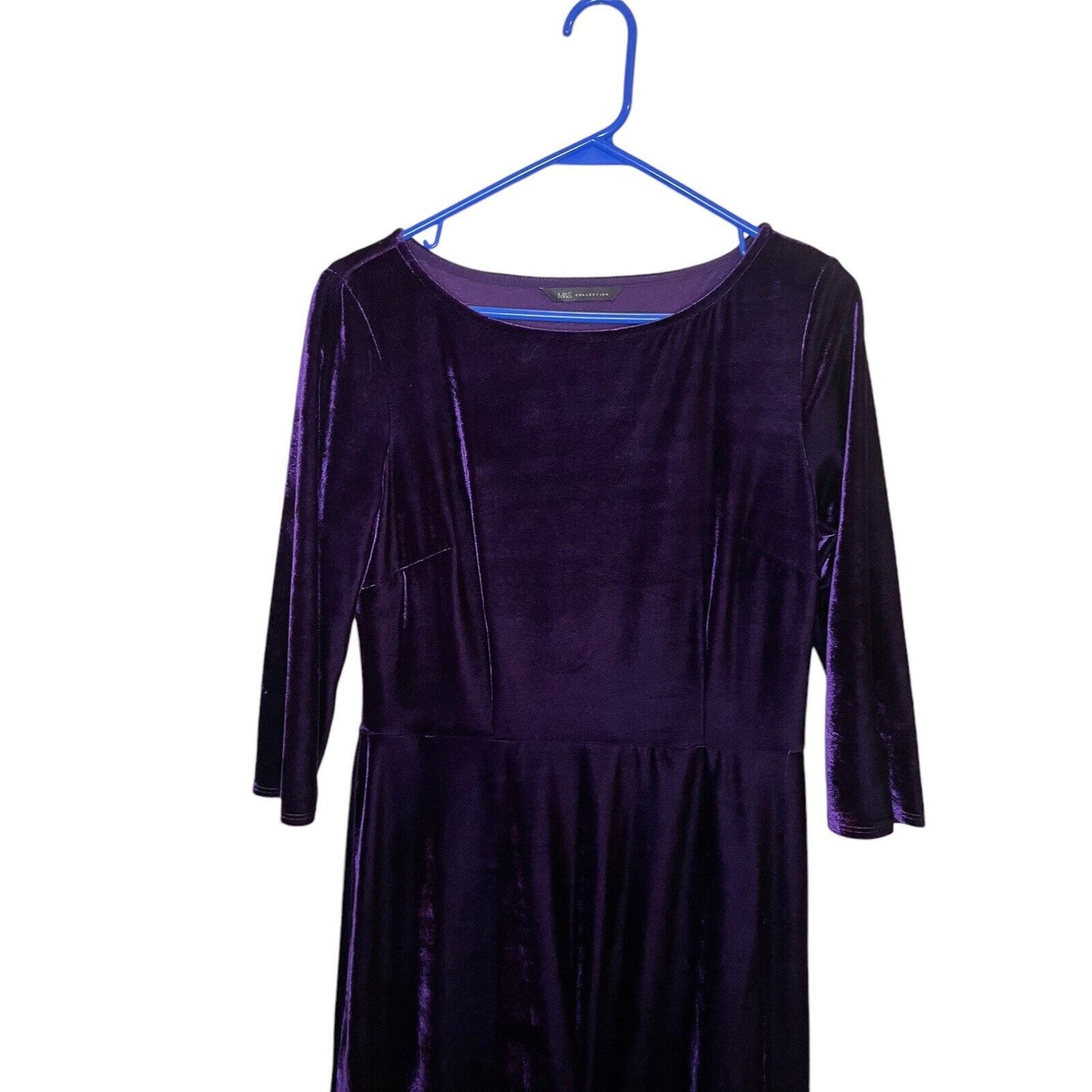 M&S Collection Purple Velvet Dress Midi UK 12 US 8 WhimsyGoth Glam 3/4 Sleeves