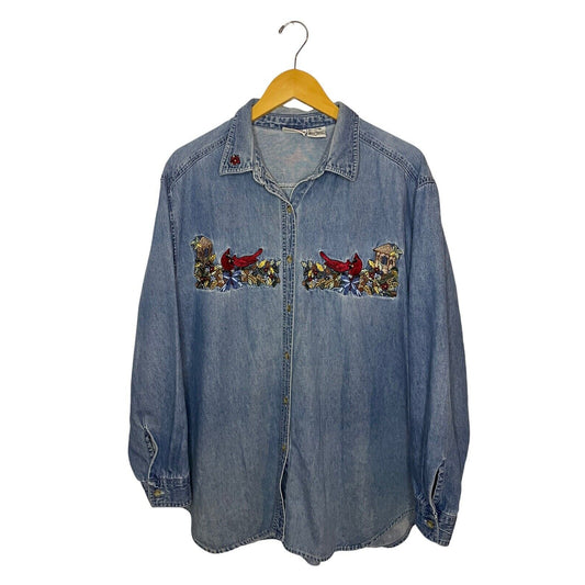 VTG y2k Denim Embroidered Cardinal Long Sleeve Shirt XL Bobbie Brooks Novelty