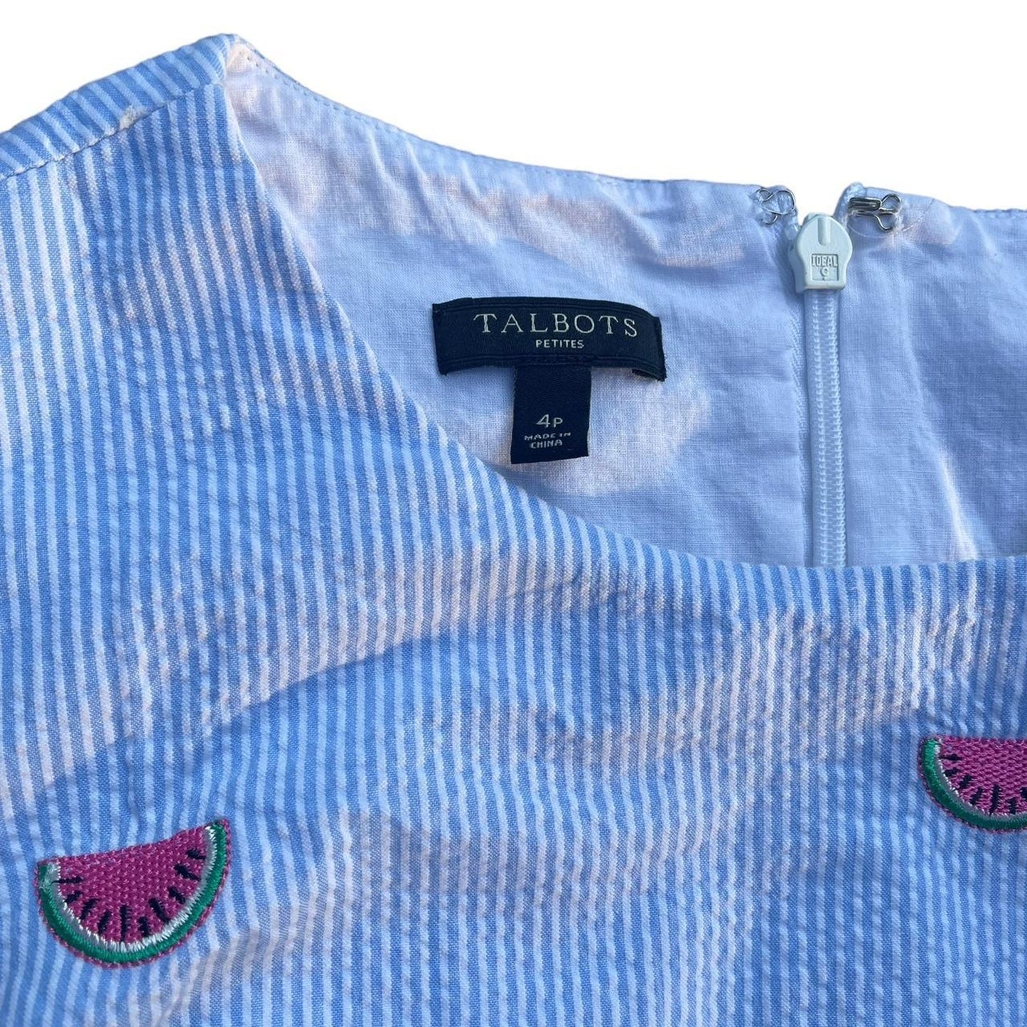 Talbots Mini Embroidered Watermelon Seersucker Shift Summer Dress 4P