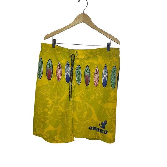 VTG Gecko Hawaii Swimming Trunk y2k 90s Novelty Yellow Beach Printed Lizard L