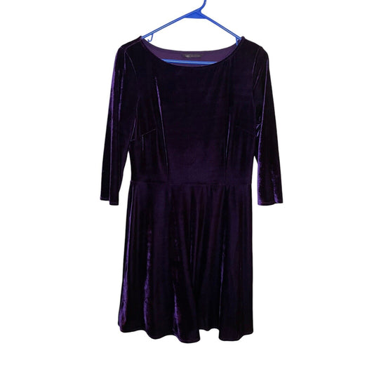 M&S Collection Purple Velvet Dress Midi UK 12 US 8 WhimsyGoth Glam 3/4 Sleeves