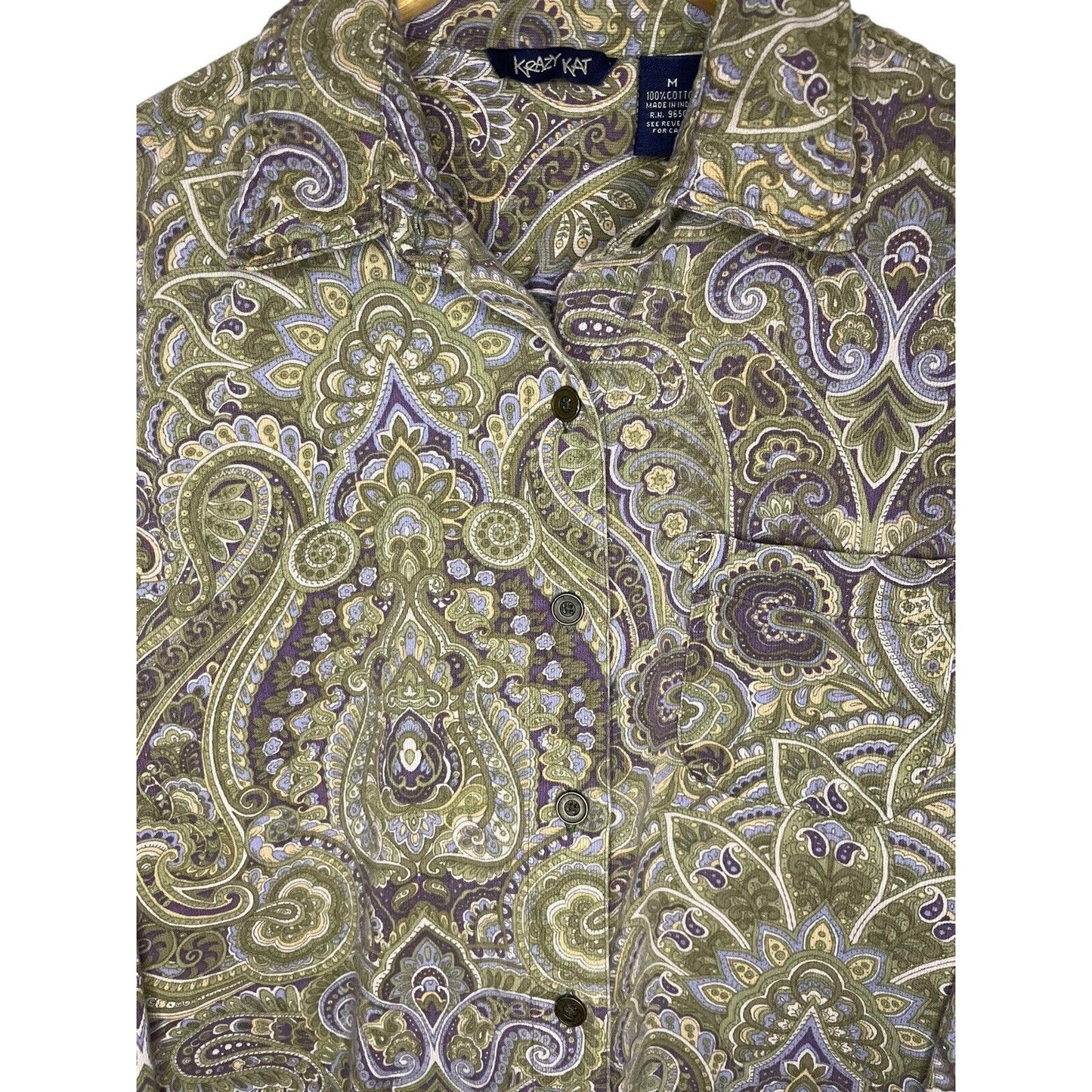 Paisley Textured Women's Button Up Shirt Medium Krazy Kat 100% Cotton Natural