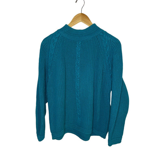 VTG Teal Fisherman's Sweater Joan Harper Cotton Mock Turtleneck Cable Knit Warm