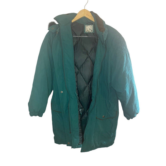 Vintage Teal Down Coat Medium Long Hooded 80s Thick Warm Retro Winter Solid