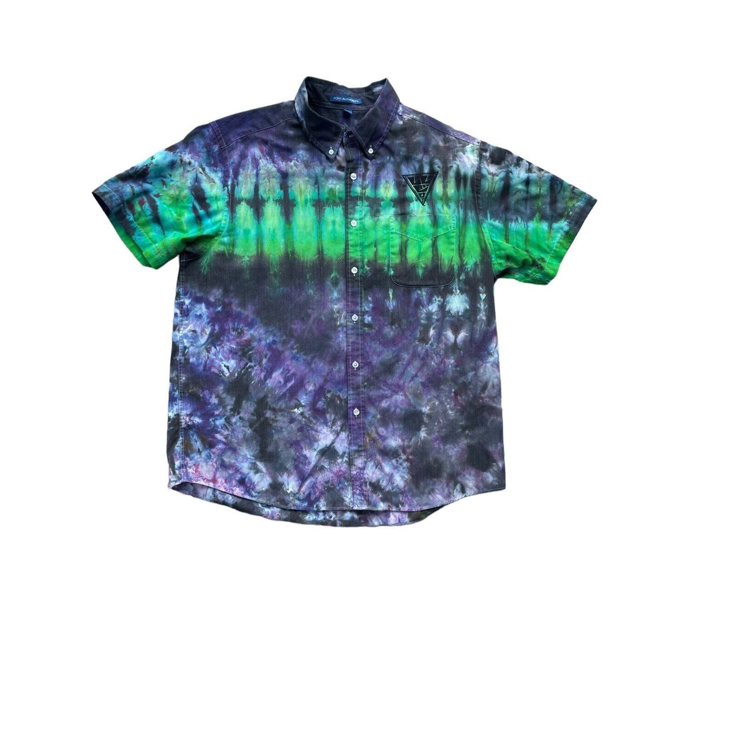 Port Authority Tie Dye Men's Short Sleeve Button Up Shirt Green Purple Hippie XL