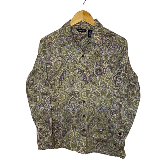 Paisley Textured Women's Button Up Shirt Medium Krazy Kat 100% Cotton Natural