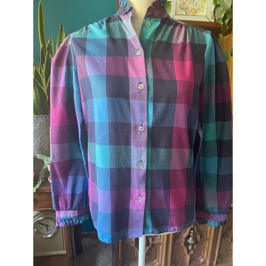 VTG Colorful Buffalo Plaid Womens Long-Sleeve Button Up Shirt Sm Ruffled Collar