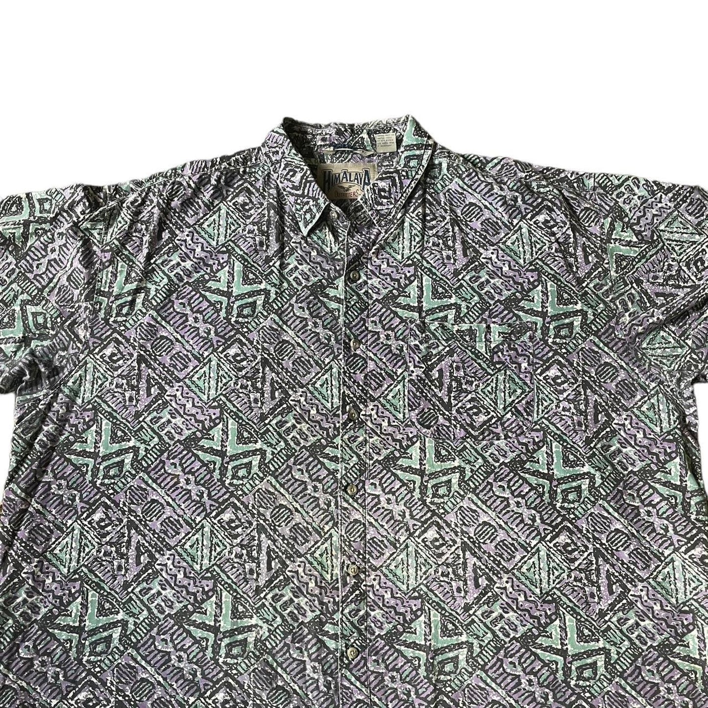 Plus Size Mens Button Up 3X Short-sleeve Natural Fibers Geometric Retro Print