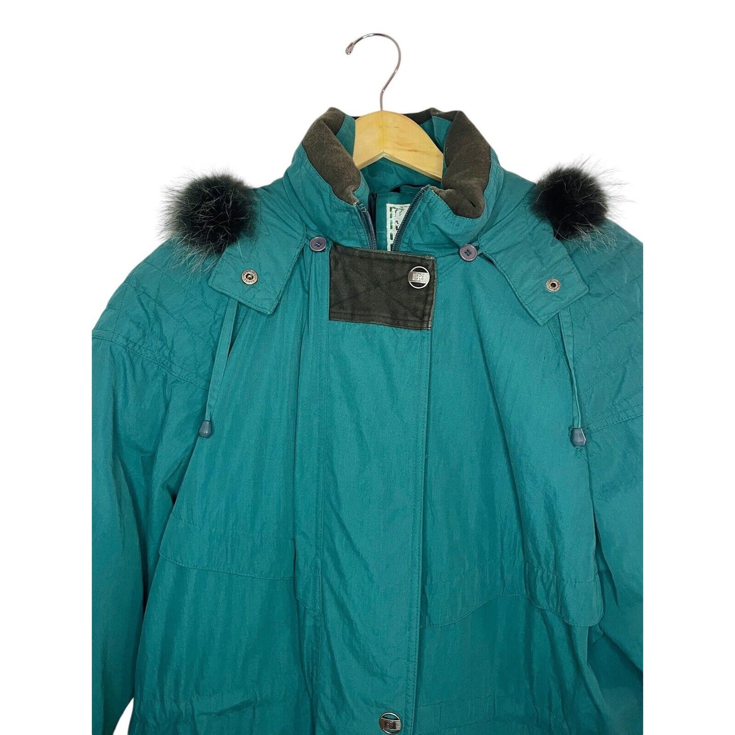 Vintage Teal Down Coat Medium Long Hooded 80s Thick Warm Retro Winter Solid