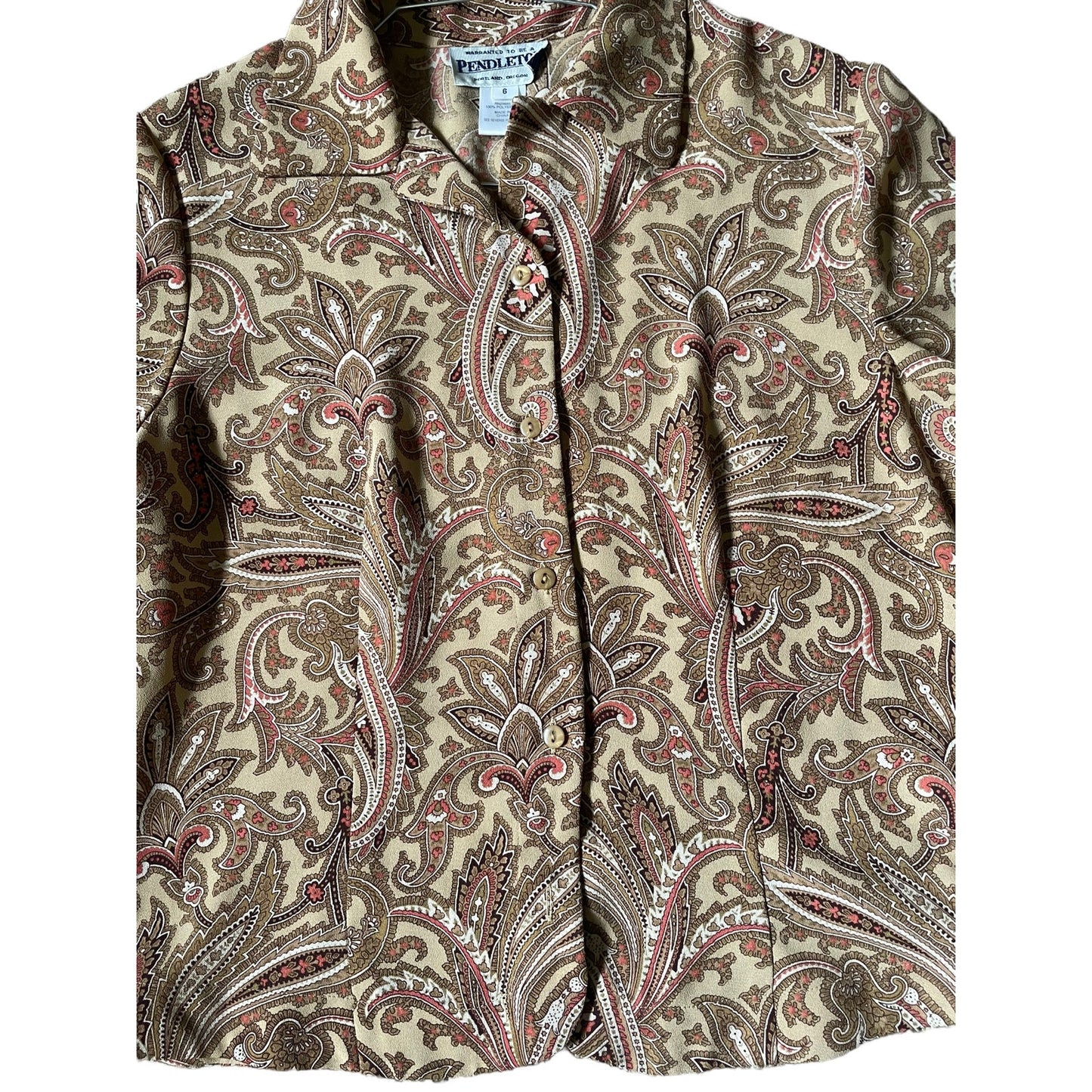 Vintage Paisley Button Up Blouse Size Small Pendleton Pleated Retro Earth-tone