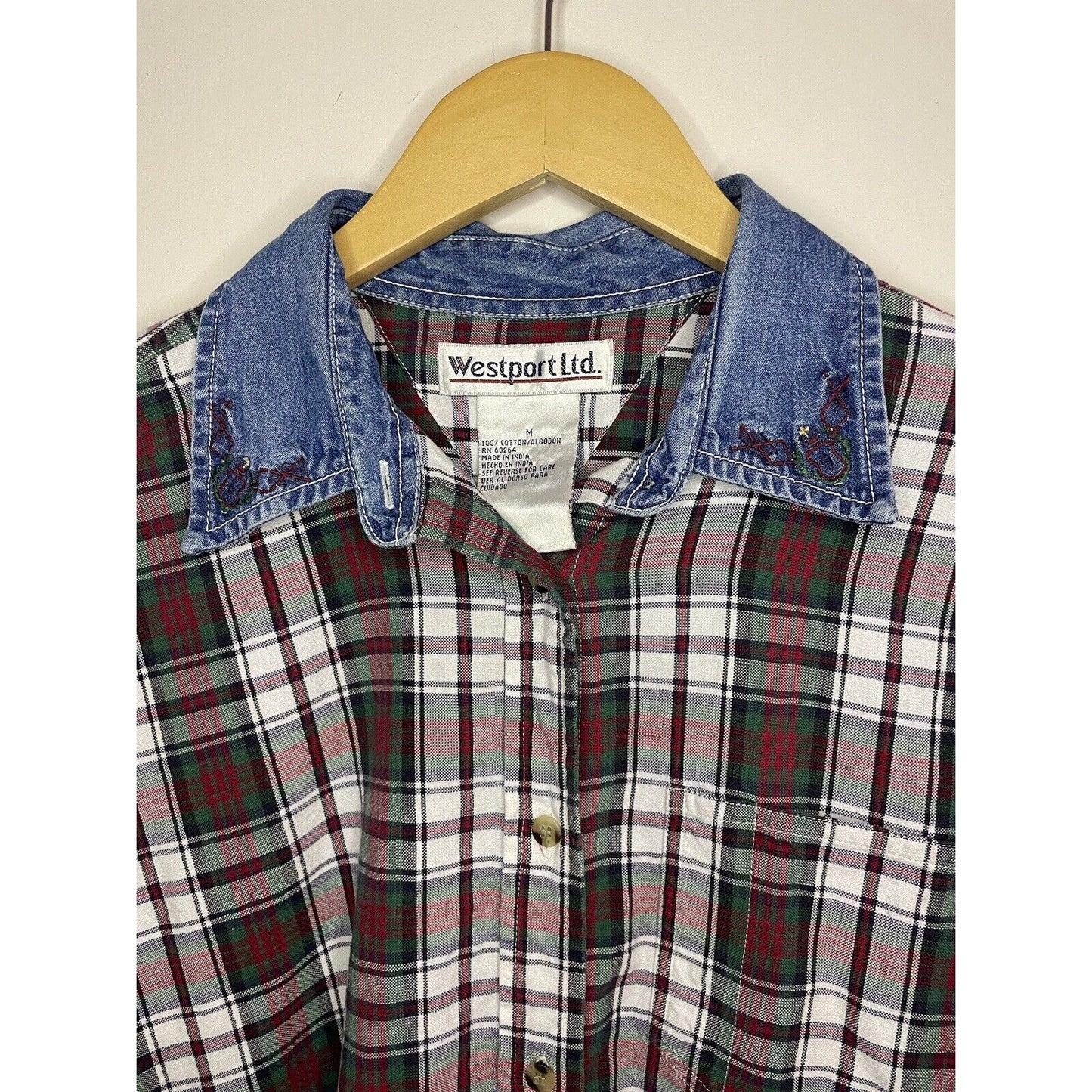 Vintage Plaid Button Up Women's M Denim Embroidered Collar Classic 100% Cotton