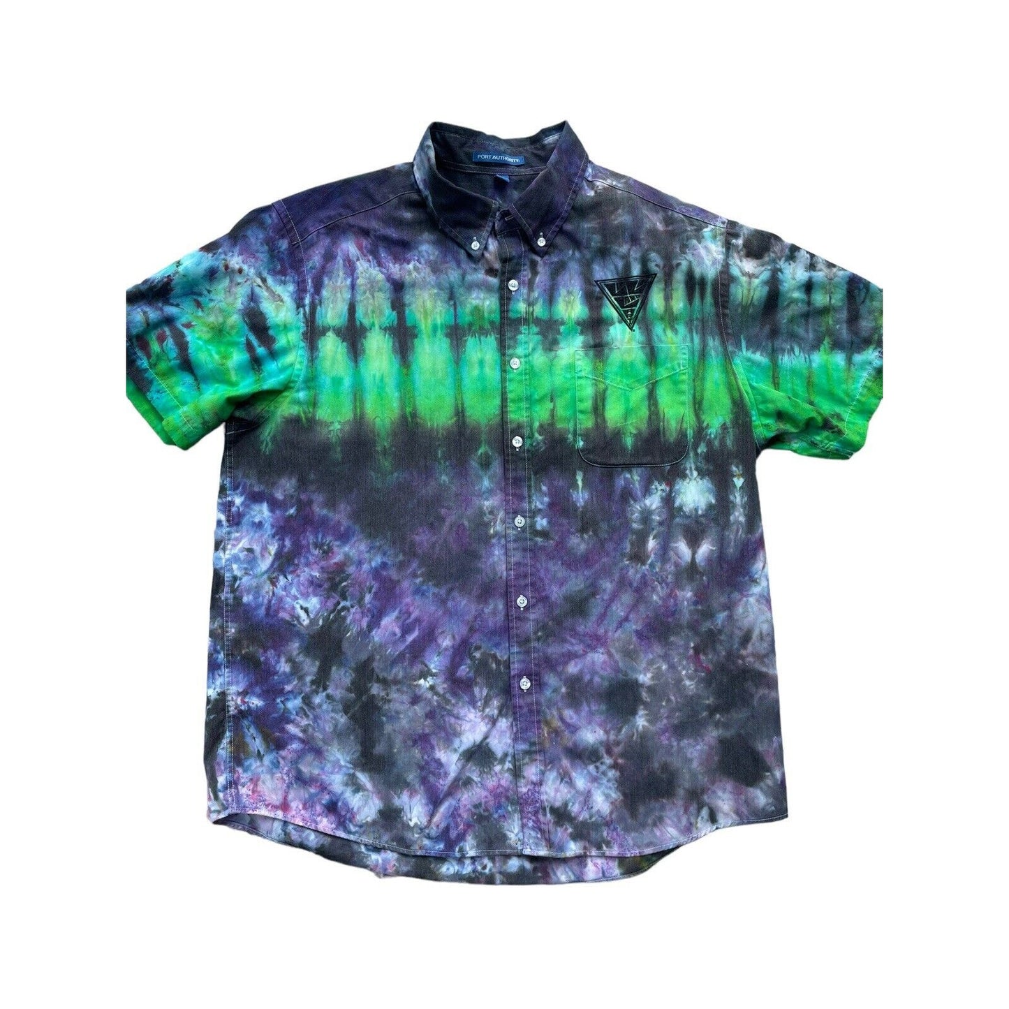 Port Authority Tie Dye Men's Short Sleeve Button Up Shirt Green Purple Hippie XL