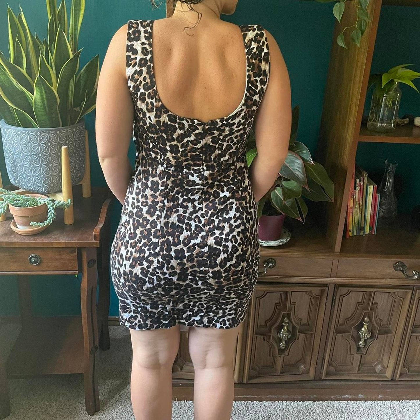 Leopard Print Dress Medium Mini Bodycon Tank Top Vneck  Straight Back Glam