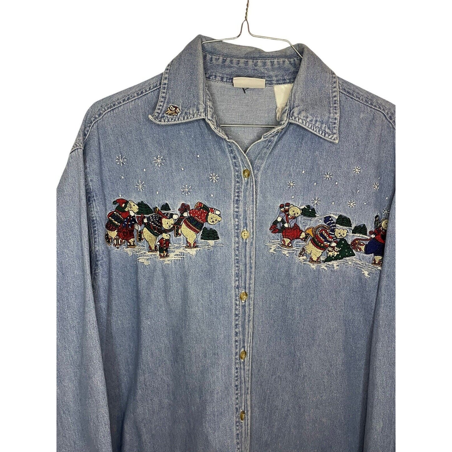 Vintage 90s Denim Shirt Embroidered Christmas Teddy Bears Bobbie Brooks Size XL