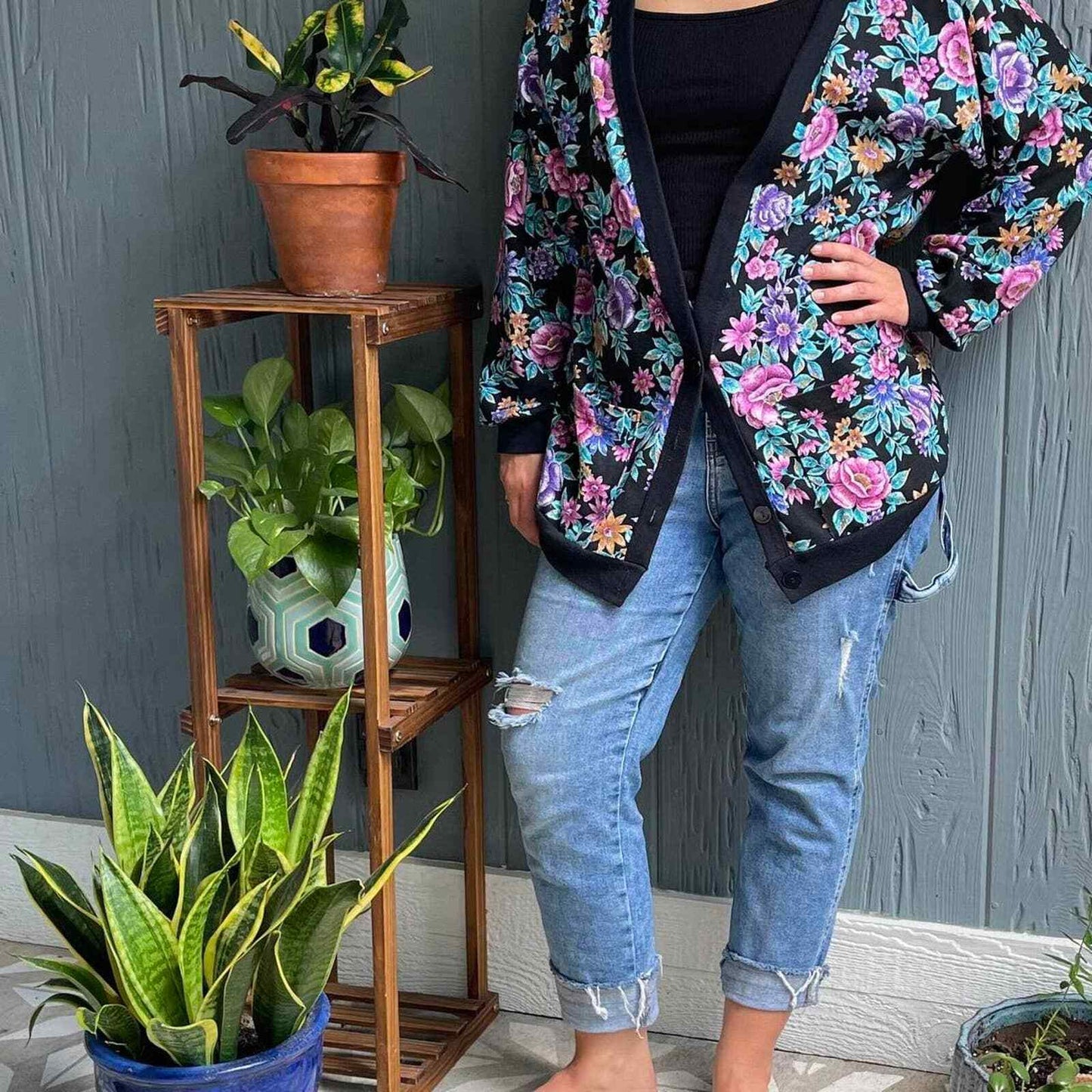 Cardigan Colorful Floral Granny with Should Pads Medium